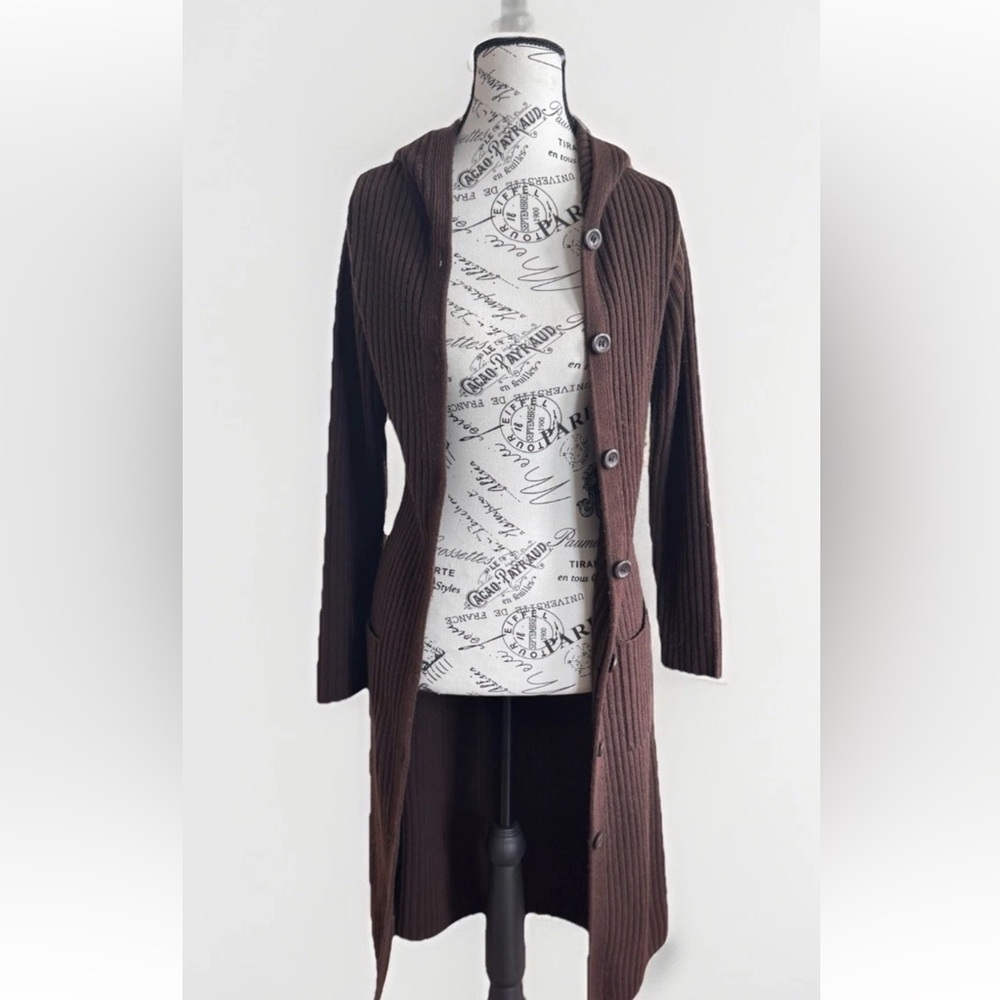 vintage 90s Y2k Day-B Brown long knit ribbed hooded Tie cardigan sweater Small